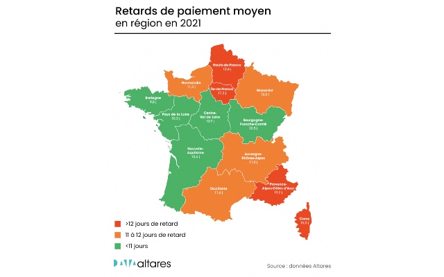 Taux de retard de paiements des entreprises françaises par région - Crédit photo ; Altarès