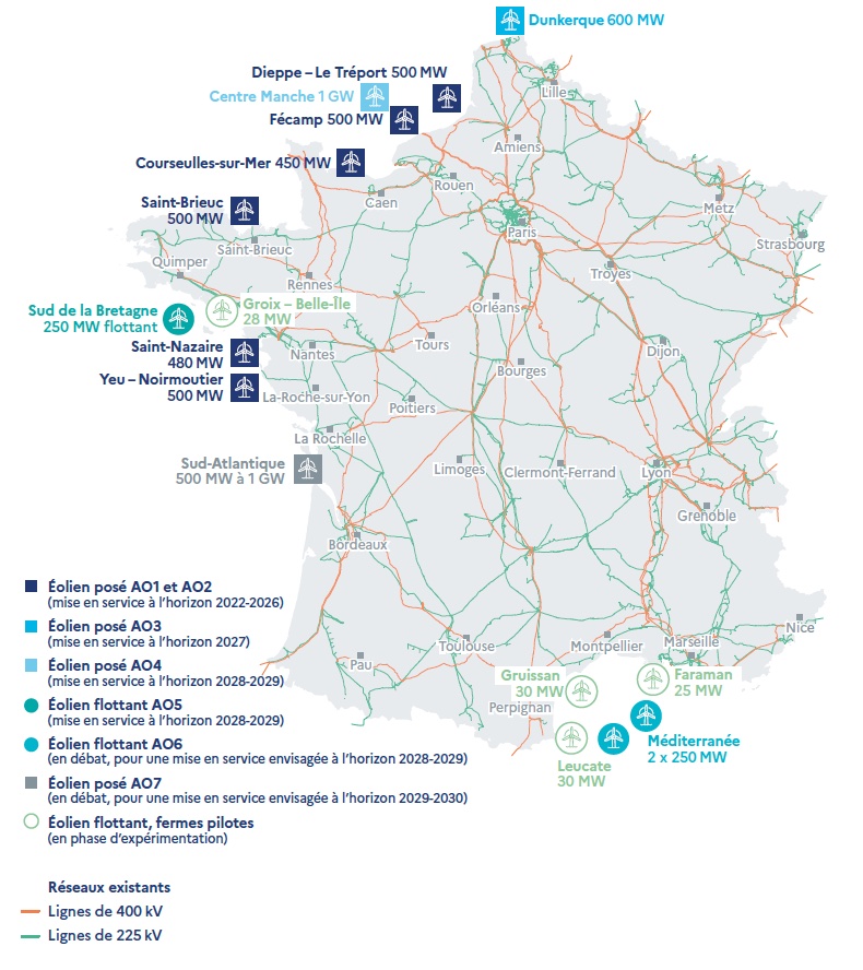 Carte des chantiers d'éoliens en mer prévues en France - Crédit photo : Ministère de la Transition écologique