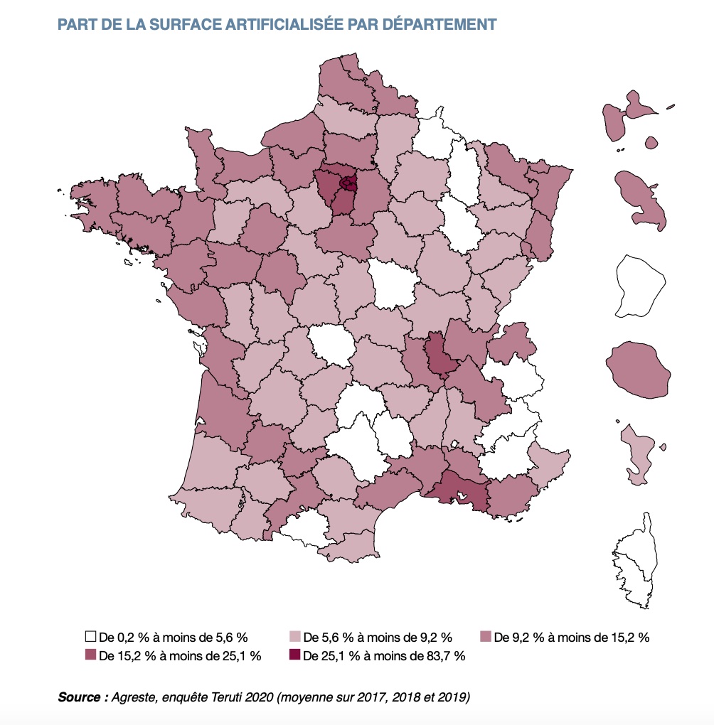 Part de la surface du territoire en France artificialisée - Source : SDES