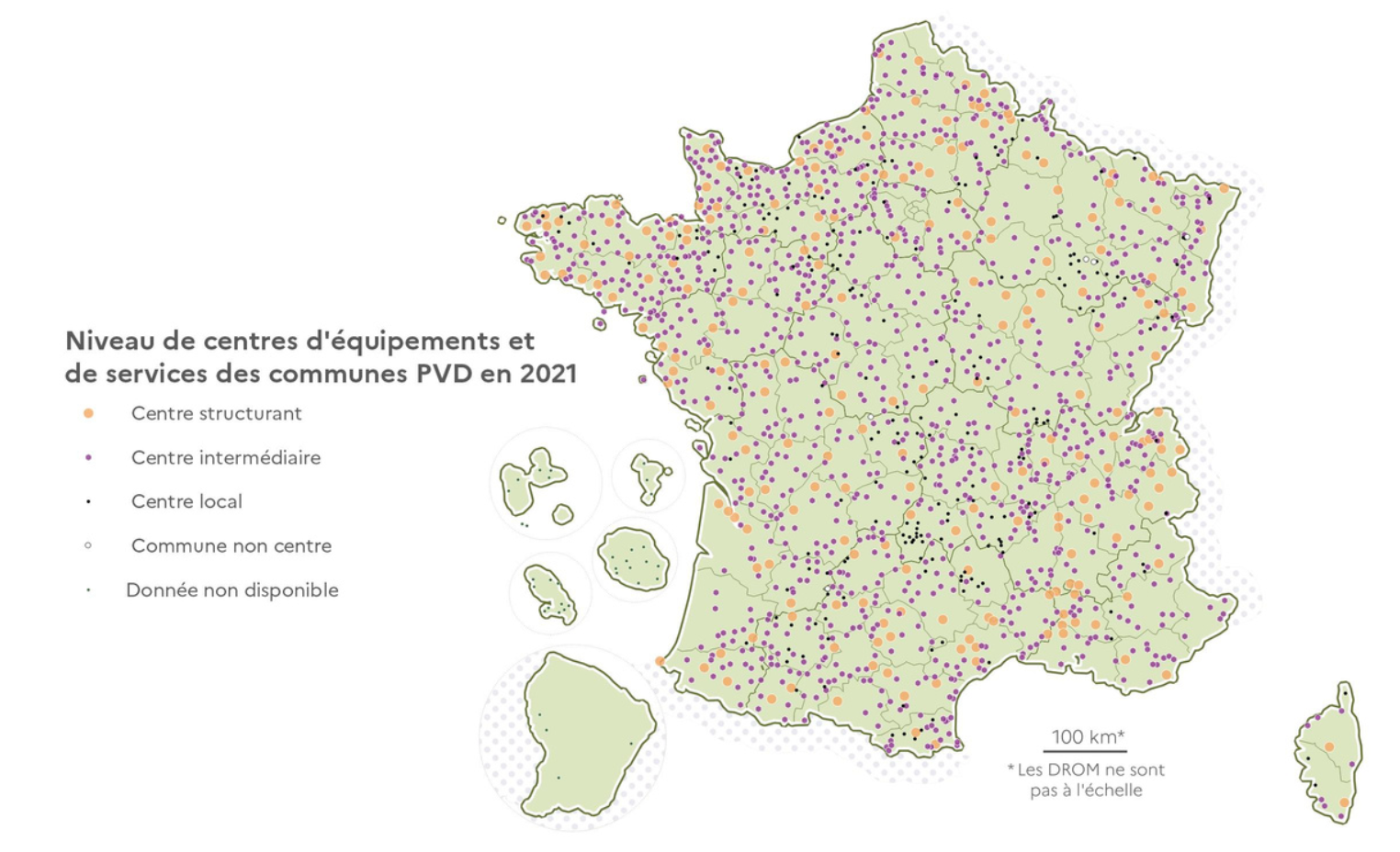 Niveau de centres d'équipements et de services de communes PVD en 2021