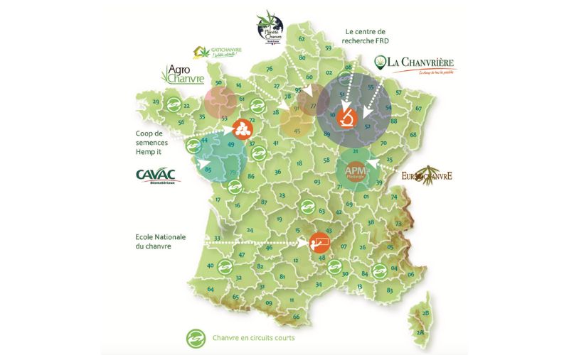 Carte de la filière chanvre en France - Source : Rapport 2019 de l'association Construire en Chanvre
