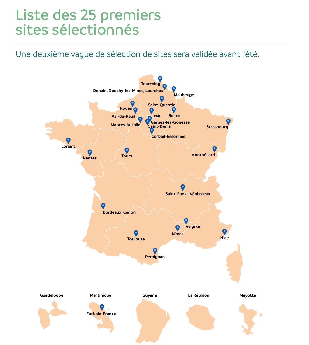 Carte des 25 premiers projets sélectionnés dans le cadre du projet « Quartiers Résilients » - Source : Ministère de la Transition écologique et de la Cohésion des territoires