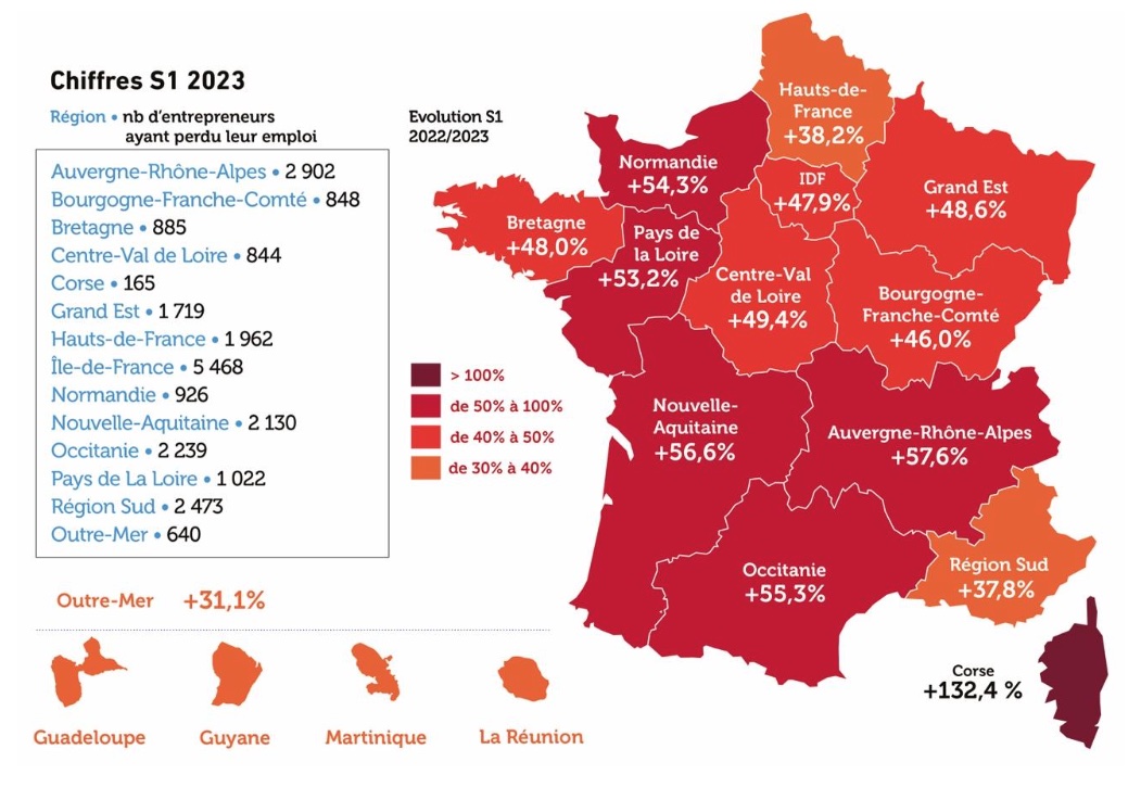 Carte de pertes d'emploi par région au S1 2023 - Source : Altares/GSC