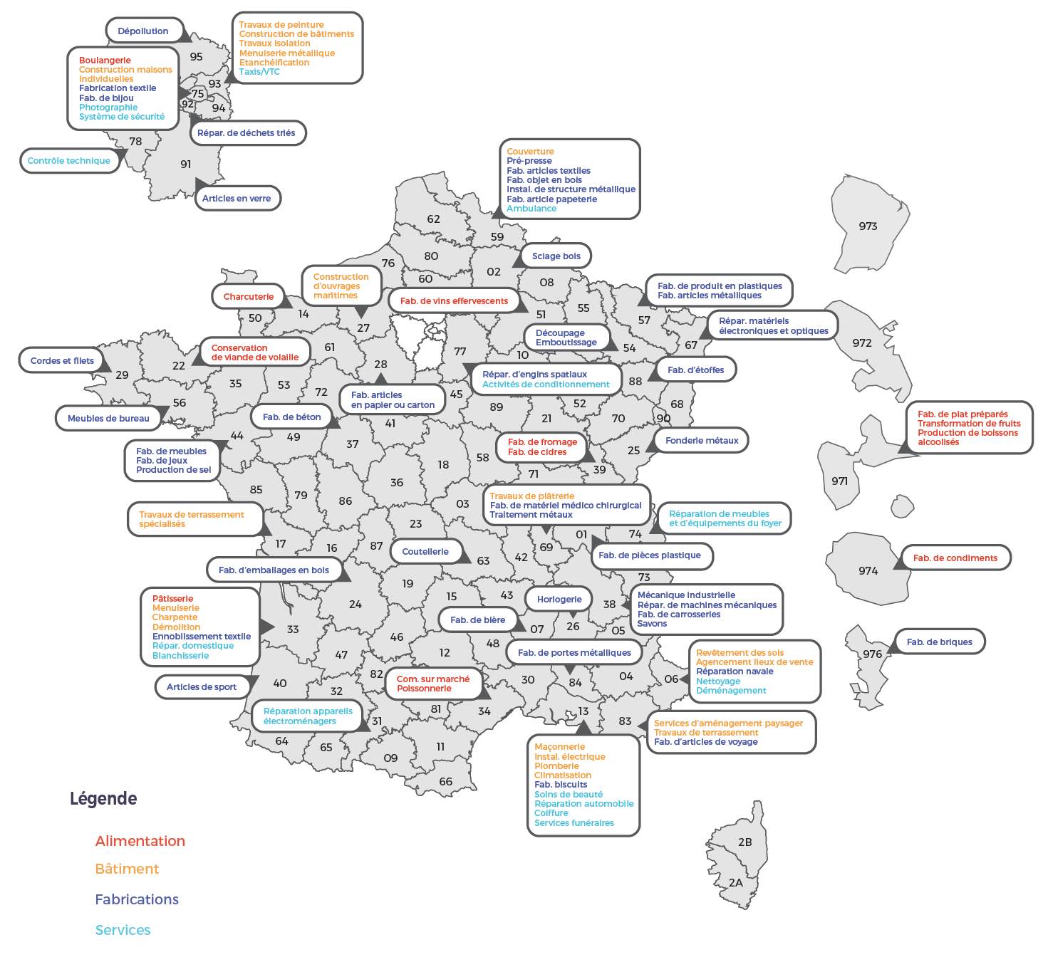 Carte de créations d'entreprises artisanales par région - Source : Baromètre ISM-MAAF