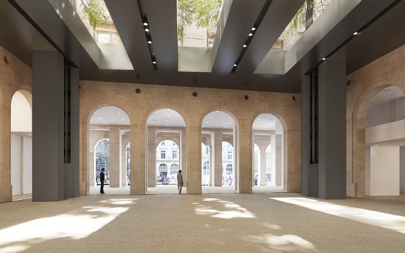 Vue des futurs espaces de la Fondation Cartier pour l’art contemporain, place du Palais-Royal, Paris. Rendering de la plateforme 1 donnant vue sur la place du Palais-Royal 