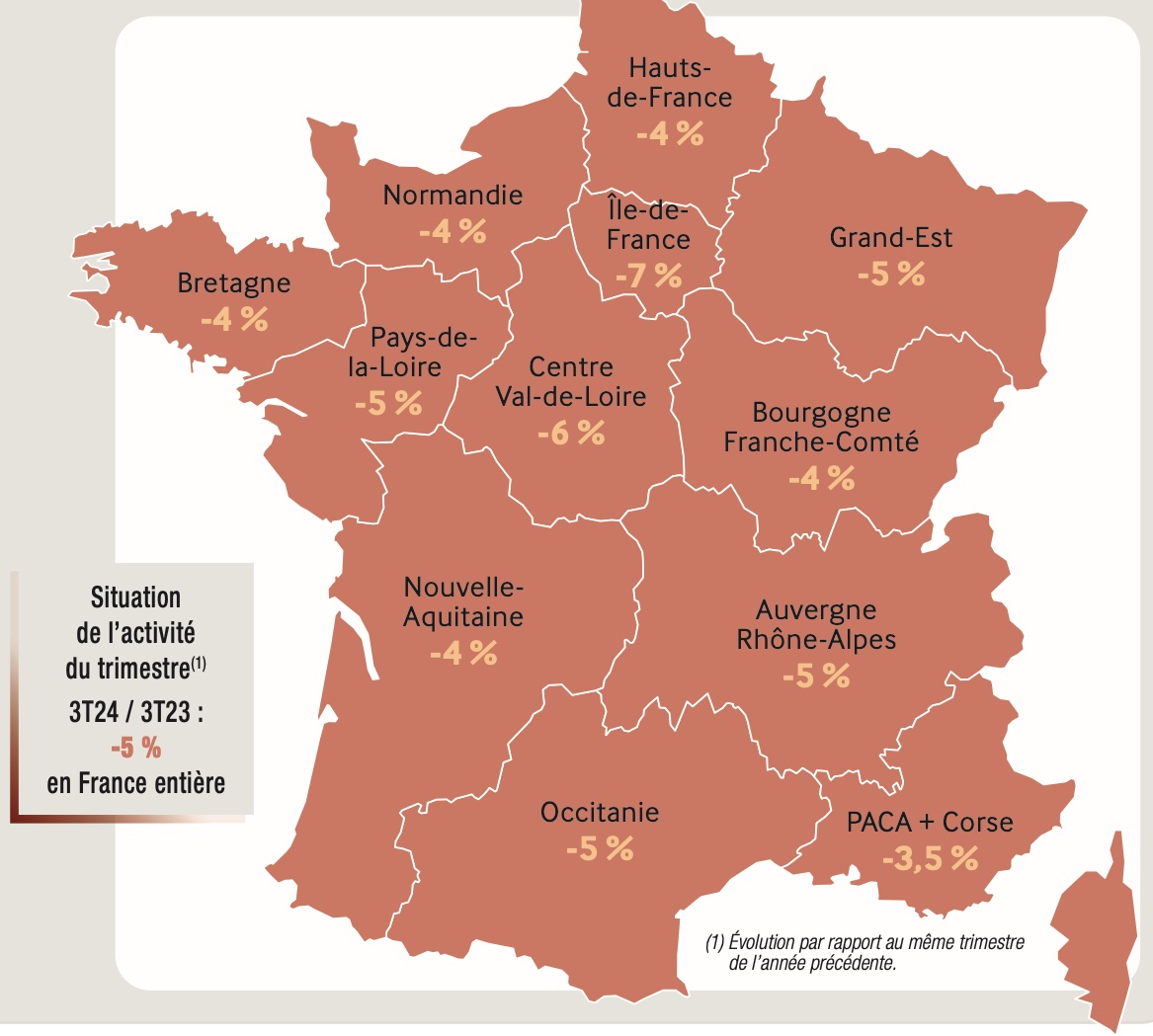 Carte sur l'activité des artisans du bâtiment au T3 2024 - Source : CAPEB/Xerfi