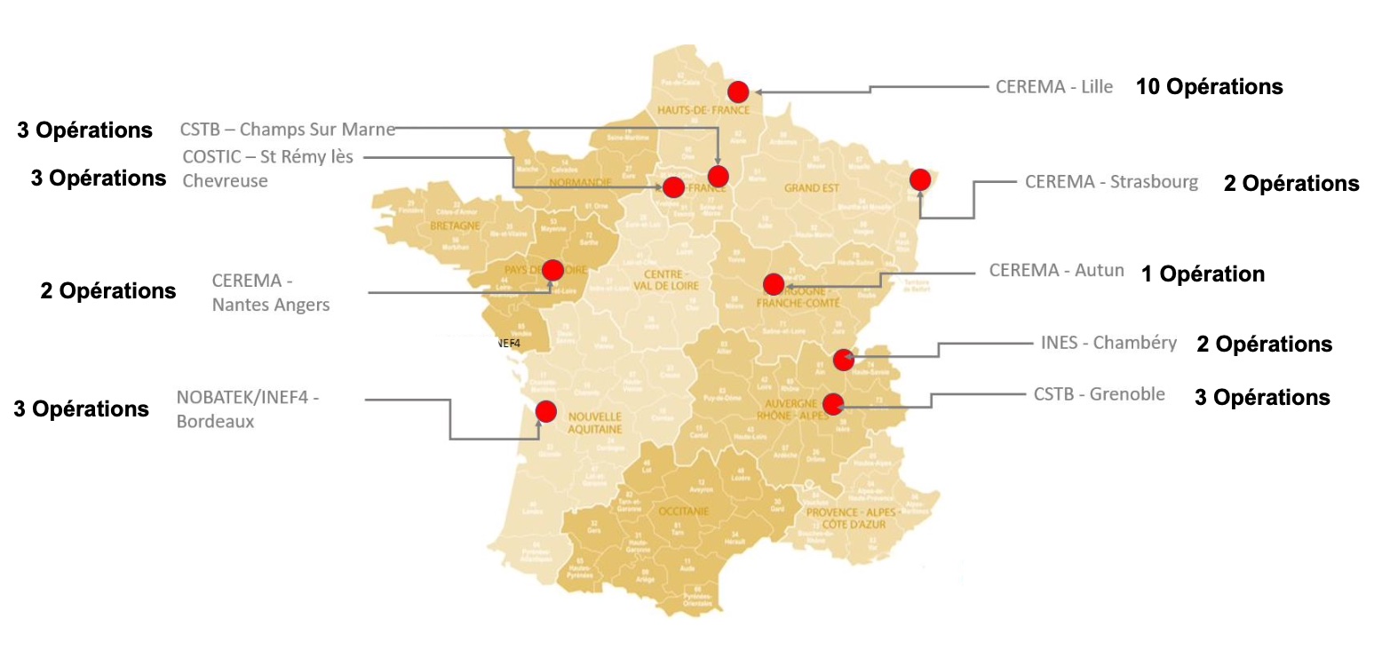 Carte des opérations du projet Sereine en France métropolitaine - Crédit photo : Profeel