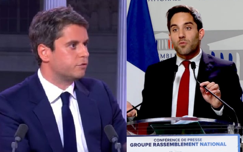 De gauche à droite : Gabrie Attal au Grand Entretien de LCI ©LCI /Le député du Rassemblement national Thomas Ménagé lors de la présentation du « plan clim » du parti à l'Assemblée nationale. - Via X - ©groupeRN_off - Batiweb
