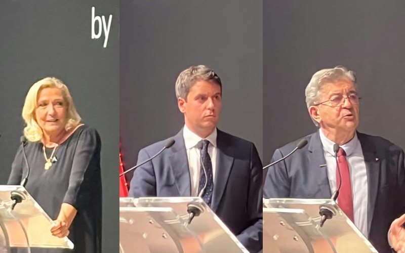 De gauche à droite : Marine Le Pen, Gabriel Attal et Jean-Luc Mélenchon, candidats à la présidentiellle 2027, au Paris Builders Show, ce lundi 28 septembre ©Antoine Arthur - Batiweb