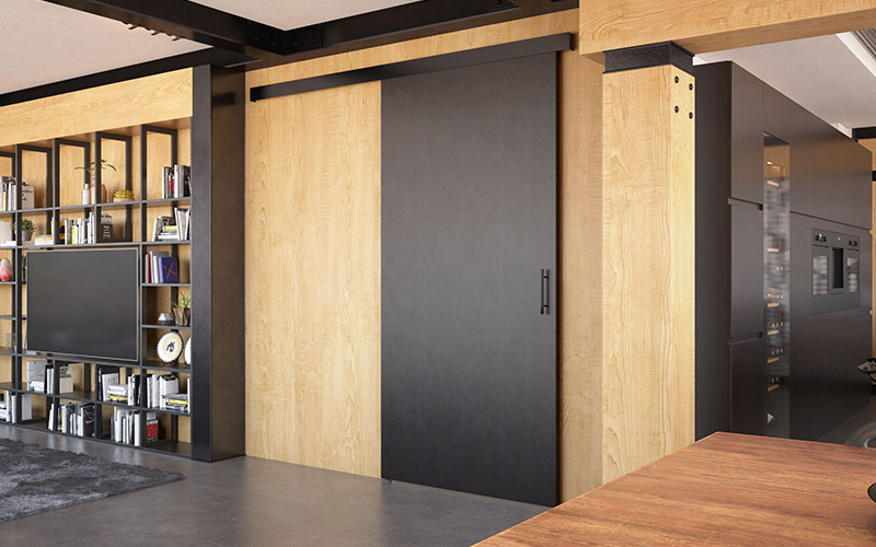 SAF®-BLACK - Système coulissant droit pour portes en bois avec bandeau aluminium peint en noir - Batiweb